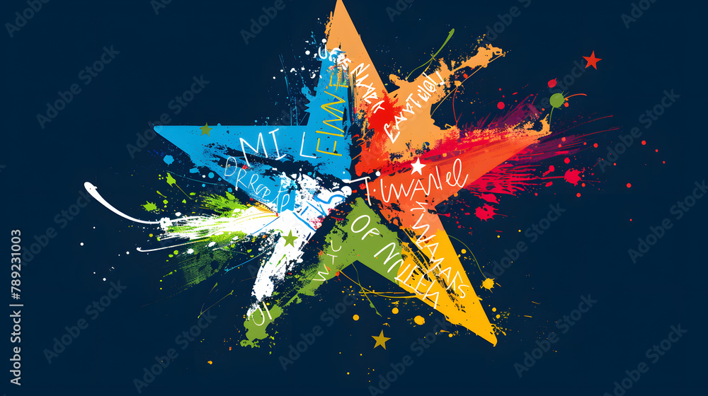 Poster a bursting star with different languages flowing from it. representing global languages. a creative 