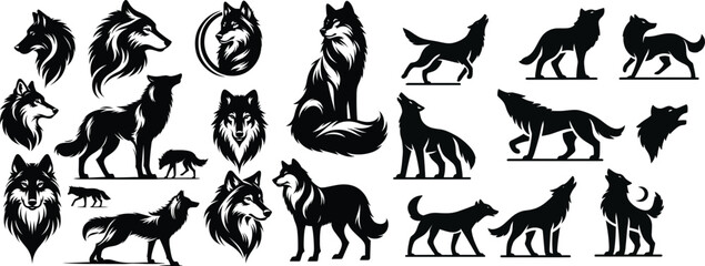 set of wolves vector - obrazy, fototapety, plakaty