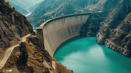 A large concrete dam holding back a bright blue lake in the mountains.

 - obrazy, fototapety, plakaty