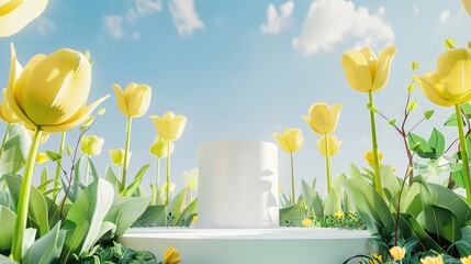 This is a realistic modern origami nature backdrop with cylinder display platform, surrounded by yellow tulip flowers with leaves, green grass, and a blue sky with clouds. - Powered by Adobe