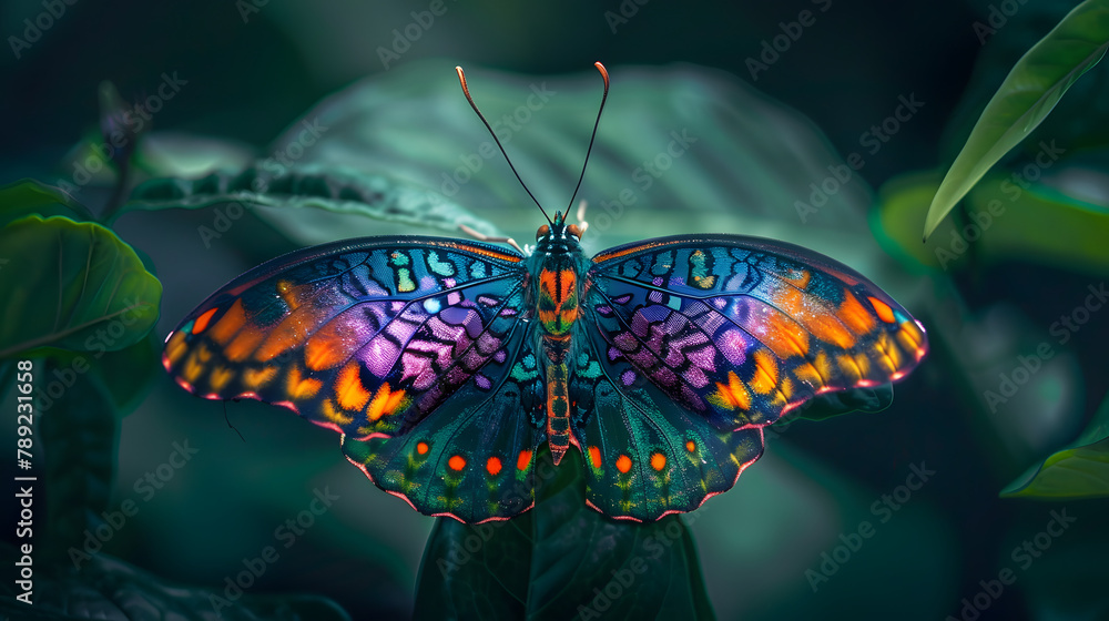 Poster a butterfly with dynamic. multihued patterns on its wings is displayed against a dark green setting.
