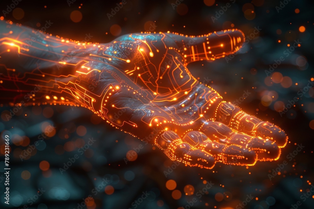 Poster an open hand with an intricate pattern of glowing digital lines, representing technological advancem