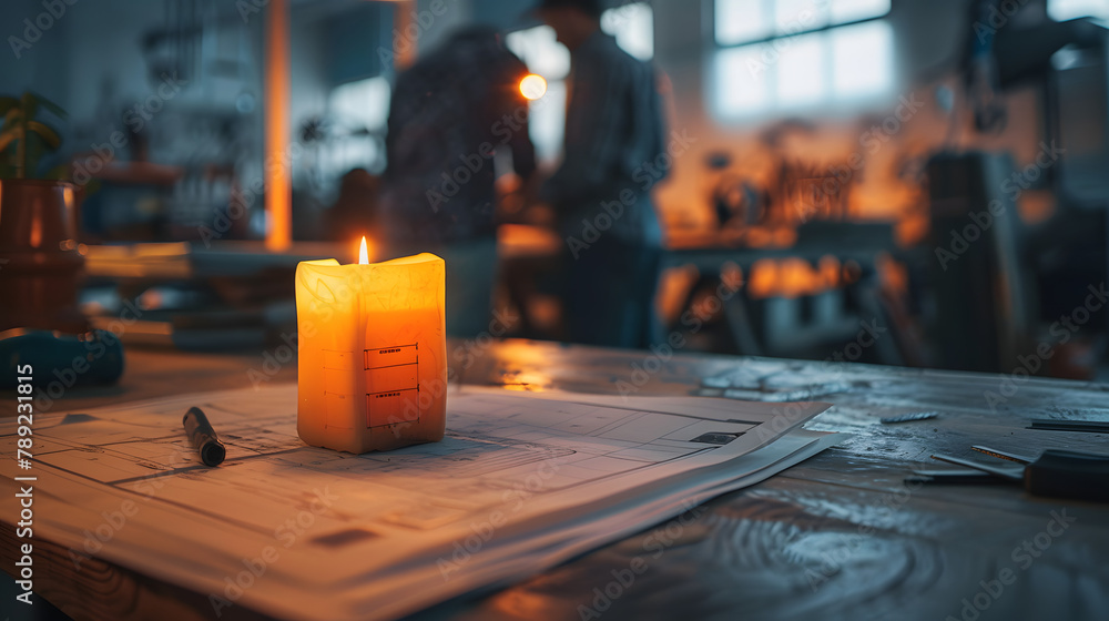 Poster a candle flickering vibrantly in the front. encompassed by team members gathered around a workshop b