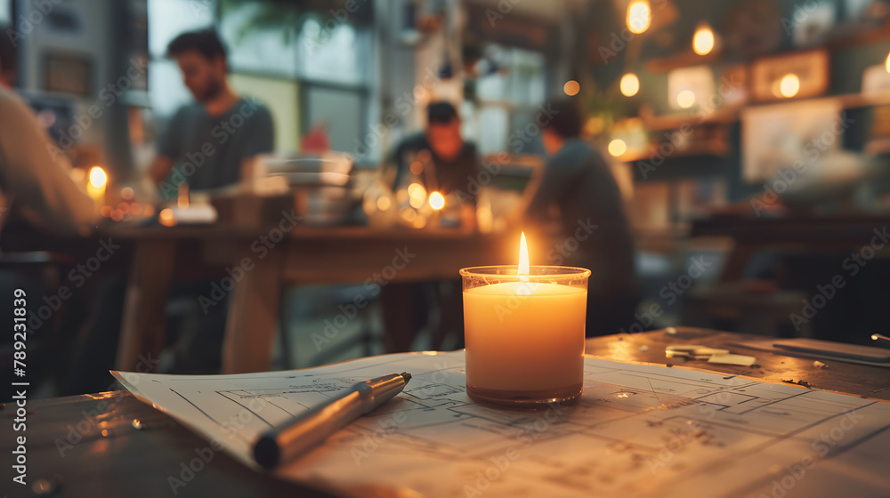 Aufkleber a candle flickering vibrantly in the front. encompassed by team members gathered around a workshop b