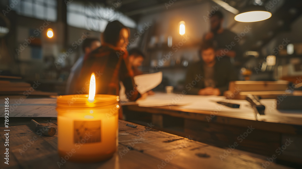Aufkleber a candle flickering vibrantly in the front. encompassed by team members gathered around a workshop b
