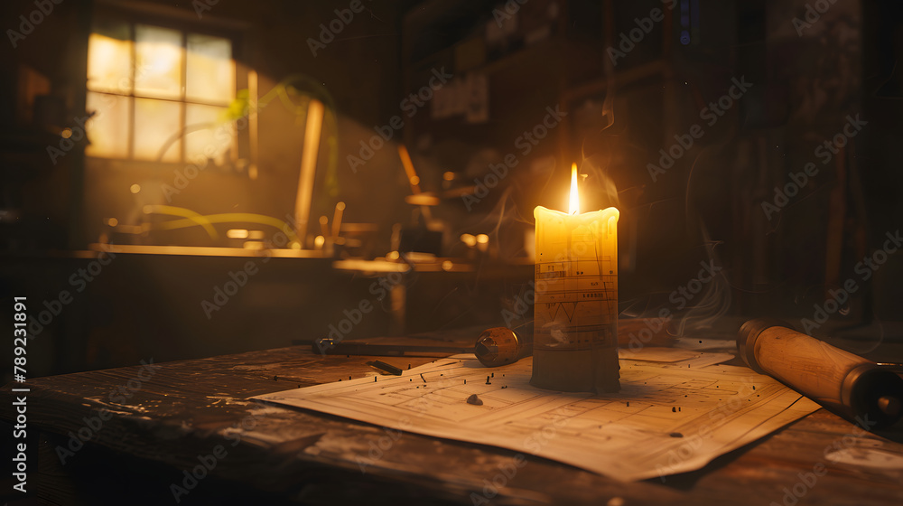 Aufkleber a candle flickering vibrantly in the front. encompassed by team members gathered around a workshop b
