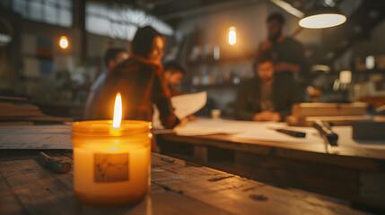 A candle flickering vibrantly in the front. encompassed by team members gathered around a workshop bench with blueprints and tools on it