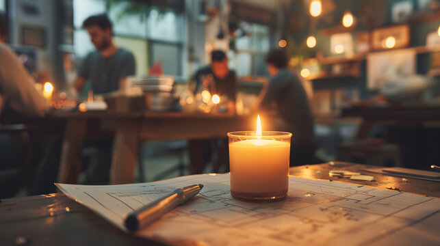 A candle flickering vibrantly in the front. encompassed by team members gathered around a workshop bench with blueprints and tools on it