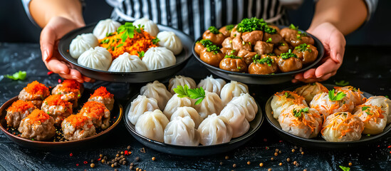 hands of cook serving a Dim Sum. Dim Sum is a popular Chinese meal consisting of a variety of bite-sized dishes such as dumplings, steamed buns, spring rolls, and small plates of savory snacks - obrazy, fototapety, plakaty