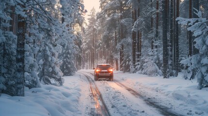 An electric vehicle quietly navigating through a snowy forest road in winter