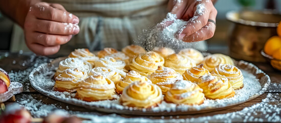 hands of a cook serving a Sfogliatelle. Sfogliatelle is an Italian pastry originating from Naples, made of thin layers of crisp dough filled with a sweet ricotta cheese filling  - obrazy, fototapety, plakaty