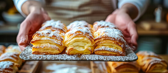 hands of cook serving a Sfogliatelle. Sfogliatelle is an Italian pastry originating from Naples, made of thin layers of crisp dough filled with a sweet ricotta cheese filling  - obrazy, fototapety, plakaty