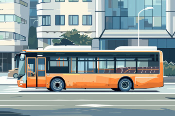Orange city bus with modern design in urban setting - obrazy, fototapety, plakaty