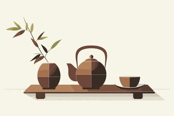 Modern tea set illustration with bamboo and leaves