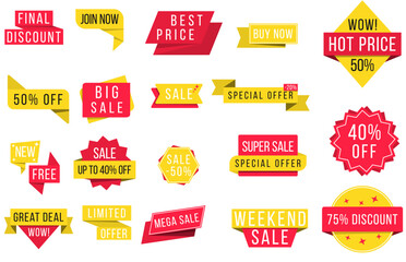 Promotion badge icons. Set of banner elements, offer tag, discount label design, sale web coupons. Flat design sale stickers on white background. Black Friday. Cyber Monday. Vector illustration.