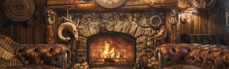 Fireplace with logs and a clock in a rustic living room. Rustic design interior background. Banner