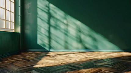 Blank dark green wall in house parquet in sunlight 