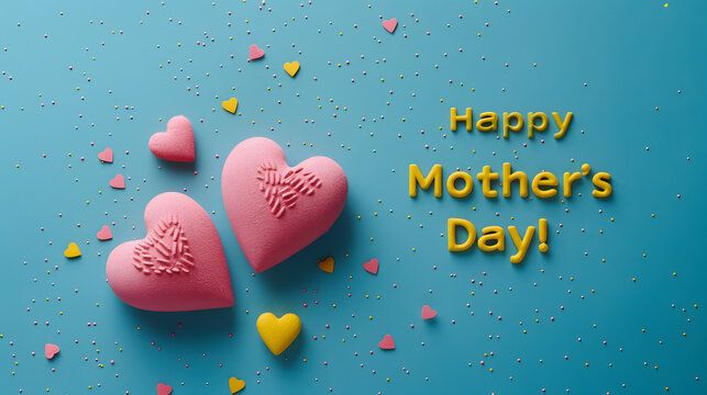 A card with two hearts and the words Happy Mothers Day! on it. placed against a blue background. The text is in yellow color font. 