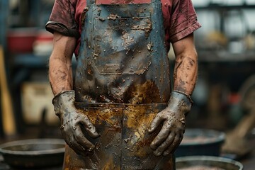 Midsection of a worker covered in grime and dirt, standing with hands on hips, wearing a protective apron and gloves - Powered by Adobe