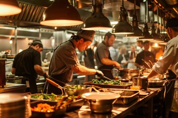 Chefs preparing food in a restaurant kitchen with many lights