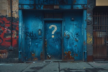 Weathered blue doors graced with graffiti and a prominent question mark in an urban, possibly...