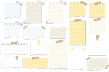 Paper notes, notebook pages, stickers. Vector torn paper sheets with transparent adhesive tape and paper clip on transparent background