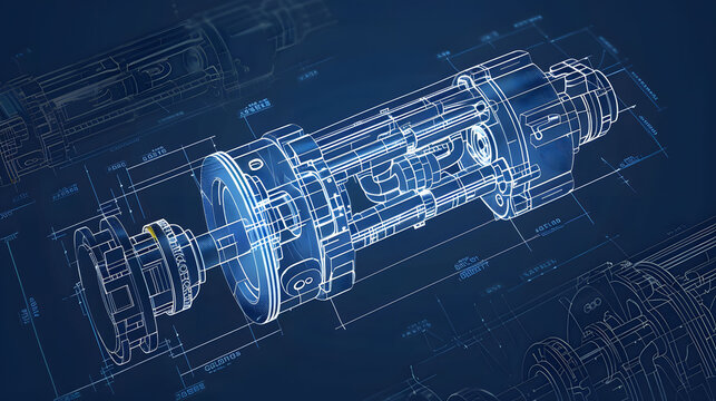 Detailed blueprint of a mechanical gear system on a dark blue background, complexities and intricacies of machine engineering.