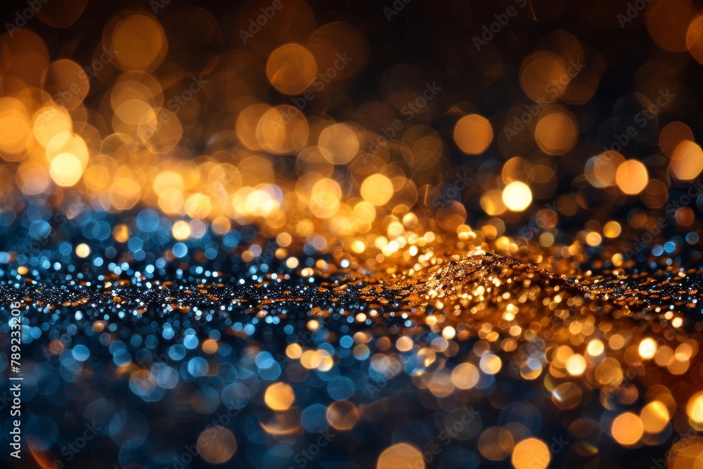 Poster a close-up image capturing sparkling golden and blue lights creating a bokeh effect resembling glitt