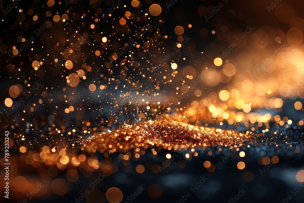 Poster a mesmerizing visual of floating golden particles and bokeh against a dark backdrop creating a sense