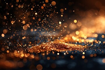 A mesmerizing visual of floating golden particles and bokeh against a dark backdrop creating a...