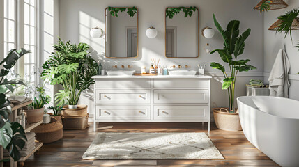 Bright bathroom interior with double sink and mirror 