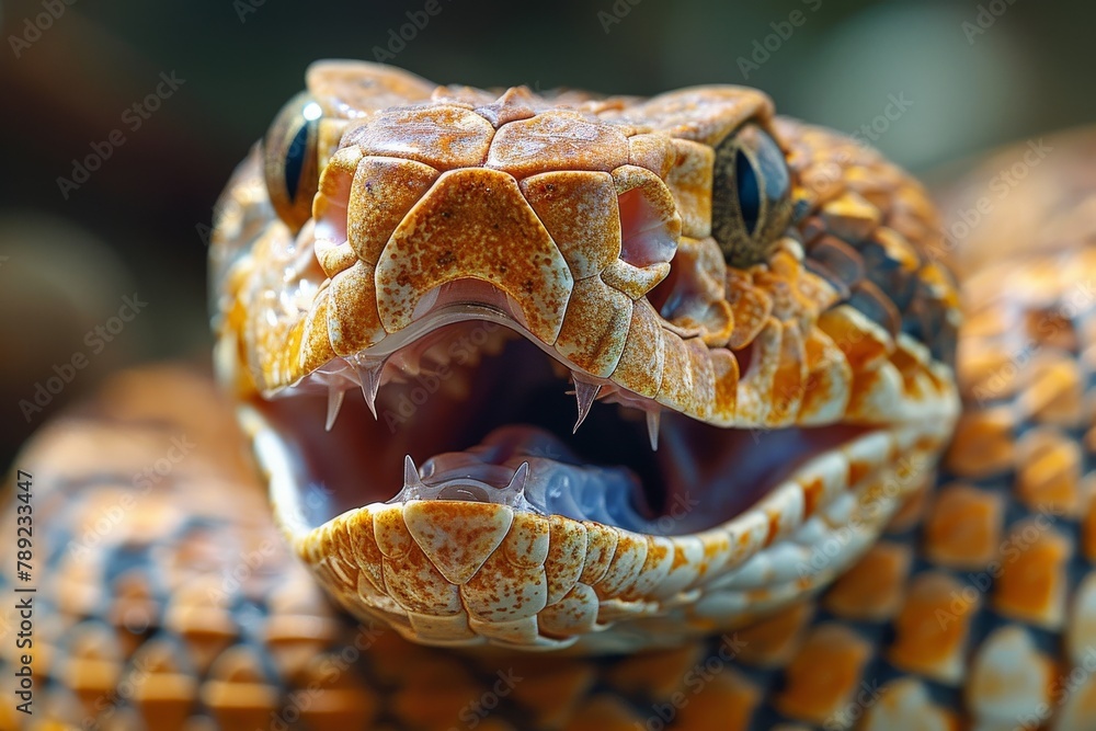 Poster close view of a dangerous hissing snake, magnifying the texture of its scales and menacing expressio