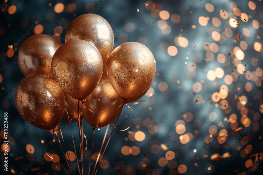 Poster a bundle of golden balloons enveloped in dazzling sparkles creating a festive and luxurious atmosphe