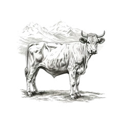 Sketch of a Cow in a Mountainous Landscape Hand drawn style. Vector illustration design