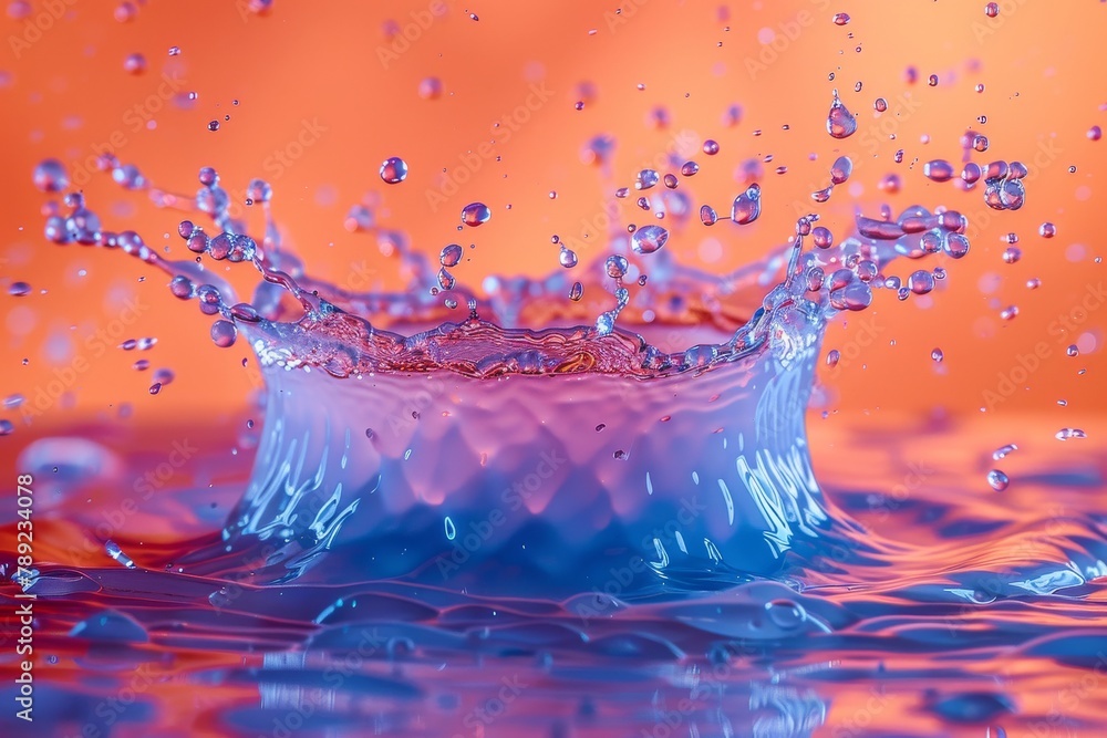 Poster a high-speed capture of water splash, with vivid orange color enhancing the dynamic movement of wate