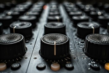 Macro shot of audio mixing knobs with fine droplets, emphasizing their texture and use in sound...