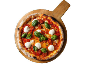 Caprese pizza with mozzarella, tomato sauce, tomatoes and basil on a transparent background