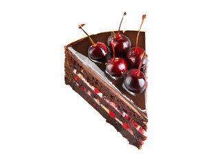 Portion of chocolate cake with cherries on a transparent background