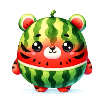 A watercolor painting of a cute watermelon tiger.
