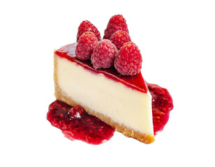 A portion of cheesecake poured with raspberry sauce and sprinkled with raspberries on a transparent background