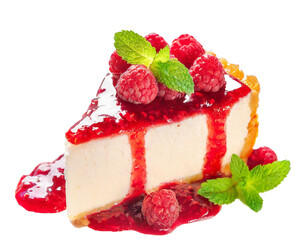 A portion of cheesecake poured with raspberry sauce and sprinkled with raspberries on a transparent background