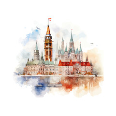 Ottawa Parliament Watercolor Reflection Art. Vector illustration design.