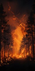 Forest fire with burning trees, the forest is burning due to the fault of people. Generative AI