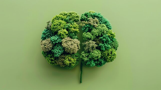 Aerial view of brain-shaped trees set against lush green studio background. Innovative ecological concept AI Image