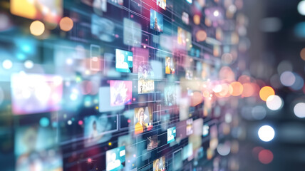 Multimedia video wall with streaming images and bokeh lights on a blurred background. Concept of mass media, communication, and digital information. Design for banner, web background.