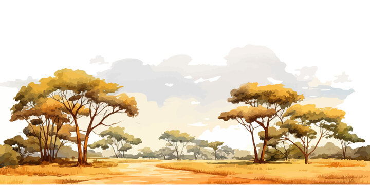 Savannah Landscape with Acacia Trees Watercolor. Vector illustration design.