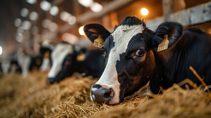 Close-up of a dairy cow in a well-lit barn, symbolizing modern agriculture and animal husbandry.