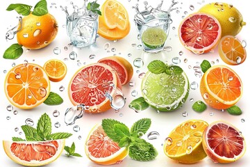 Summer drink concept including fruit slices with green foliage in a splash of fresh water set against a white background with text space, Generative AI.
