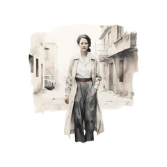 Elegant Woman in Trench Coat Vintage Style Art watercolor style. Vector illustration design.