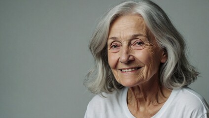 Studio shot of a cheerful elderly woman with long gray hair with no makeup and wearing white t-shirt - obrazy, fototapety, plakaty